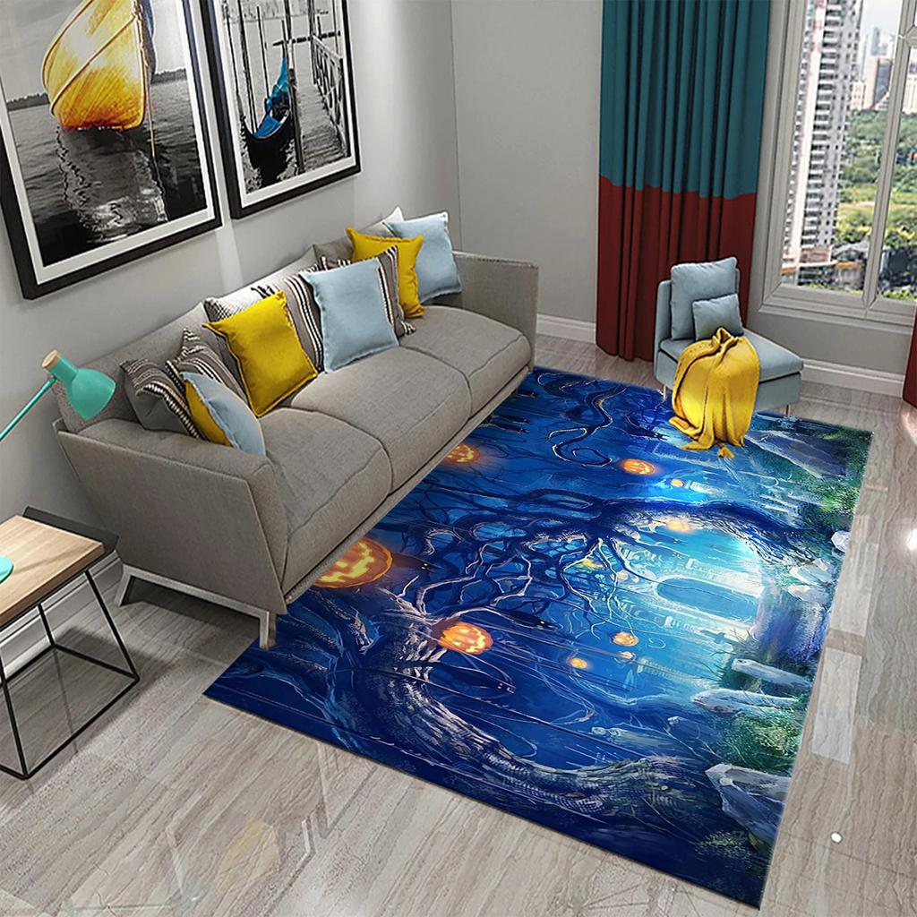 Halloween Theme Area Rug With Cartoon Ghost Pumpkin Bat Haunted House Artistic Patterns Soft Decorative Carpet For Living Room
