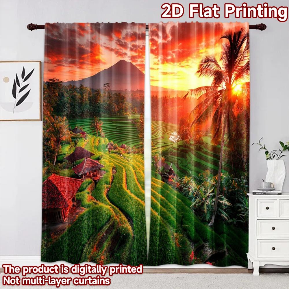 2D flat printing 2pcs Curtain Scene Curtain Sunset Over Rice Fields Digital Printed Polyester Drapes Festive Wall Decor Use for
