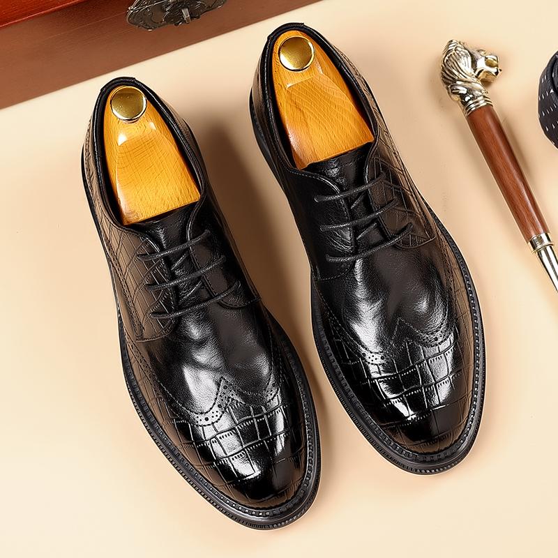 2026 Brand Business Casual Leather Shoes Oxfords Shoes for Men Brown Black Business Lace-up Office Brogue Pointed Dress Shoes