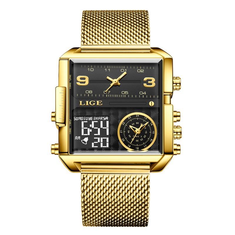 LIGE 8925 Men Quartz Watch Stainless Steel Mesh Leather Strap Dual Style Business Sport Wristwatch Luminous Waterproof Watch