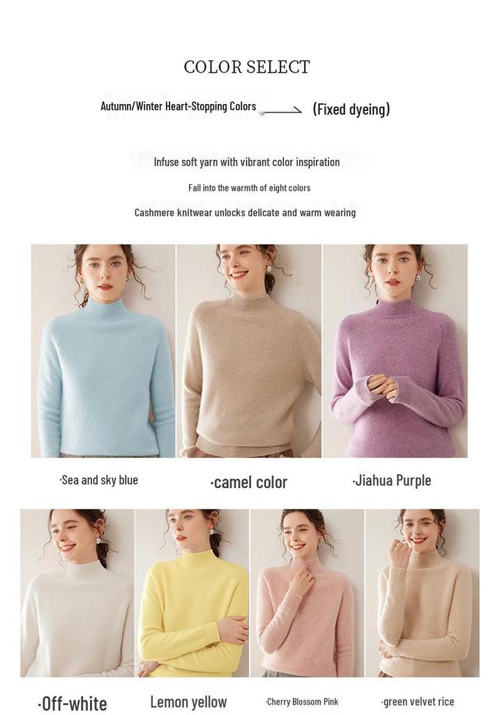 Women's 100% Pure Cashmere Soft Knit Sweater, Half-High Neck, Loose, Skin-Friendly, Slimming Base Layer
