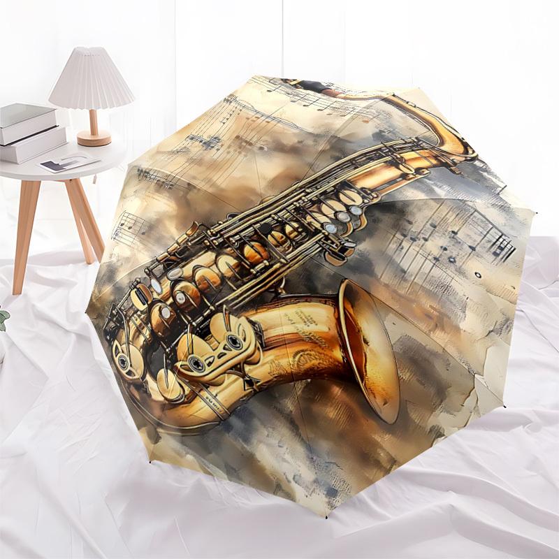 1pc Saxophone Notes Automatic Folding Umbrella, 8-Rib Durable Iron Frame, Compact Travel Umbrella for Women & Men 061