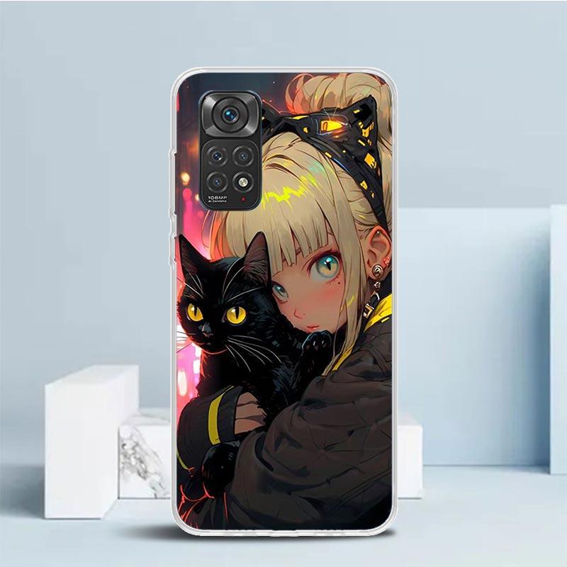 Милый черный кот в стиле аниме Чехол для телефона Xiaomi Redmi Note 15 14 14S 13 12S 12 Pro Plus 11S 11 11T 11E 10S 10 + Мягкий ТПУ Задняя крышка C