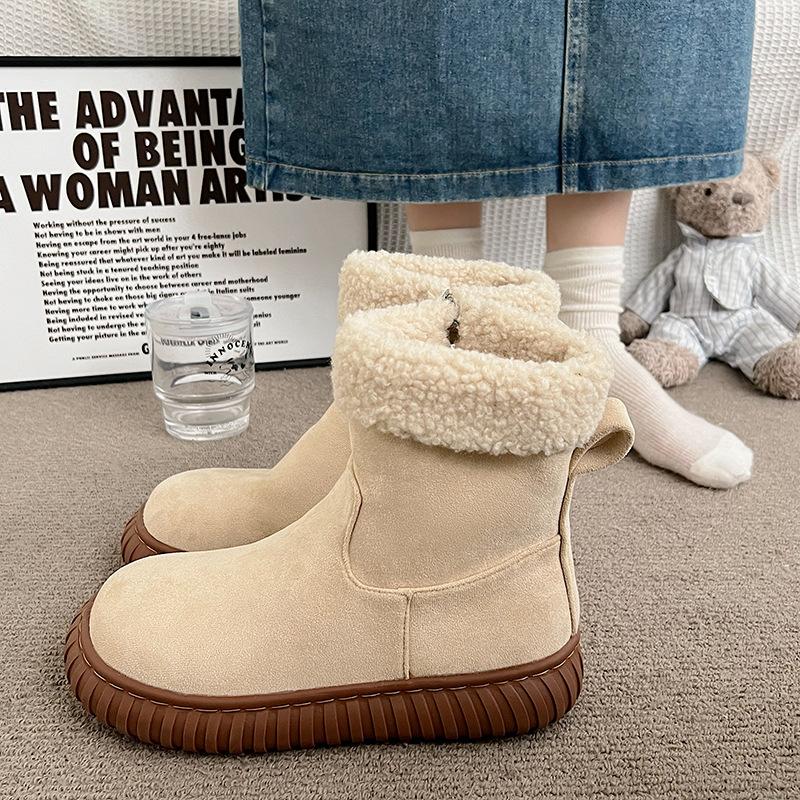 Women's Plush Mouth Large Size Thick Bottom Heightening Winter Warm Fur One Snow Boots Padded Lined Ankle Boots Non-slip Hiking Sneakers Cotton Boots