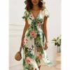 Women's Floral Print V-Neck Short Sleeve Ruffle Dress with Belt