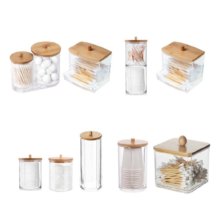 Qtip Holder Dispenser with Bamboo Lid Cotton Ball Pads Swabs Holder Jar Bathroom