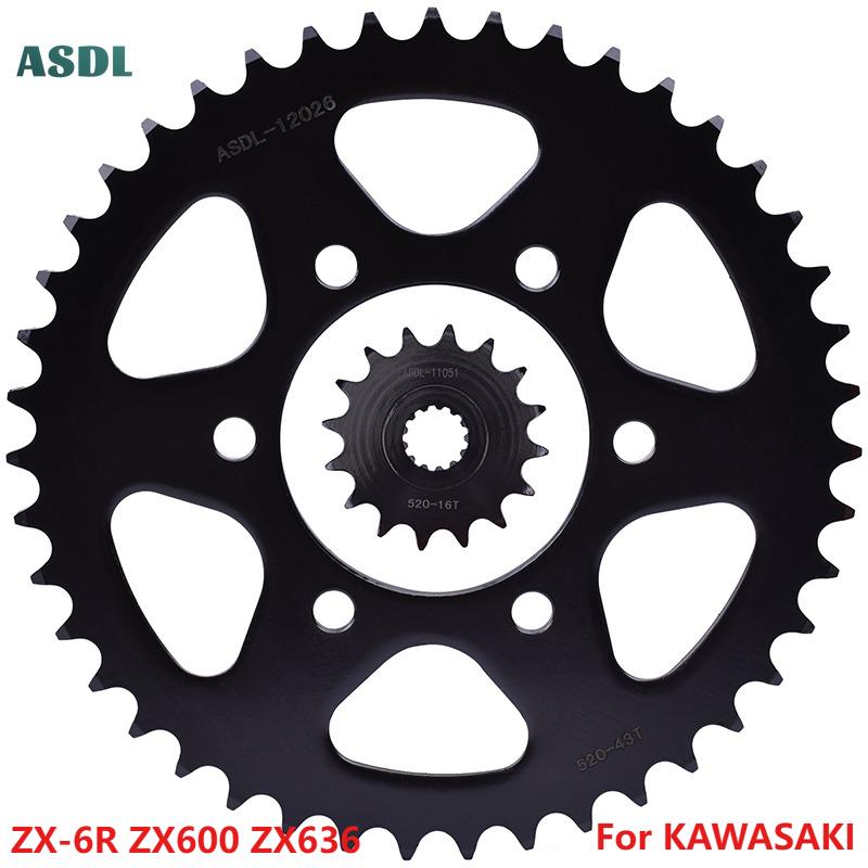 520 16T 43T Motorcycle Front Rear Sprocket For Kawasaki ZX-6R ZX600 ZX 600 ZX636 ZX 6R Ninja 600 KRT 2007-2024 ZX6R Performance