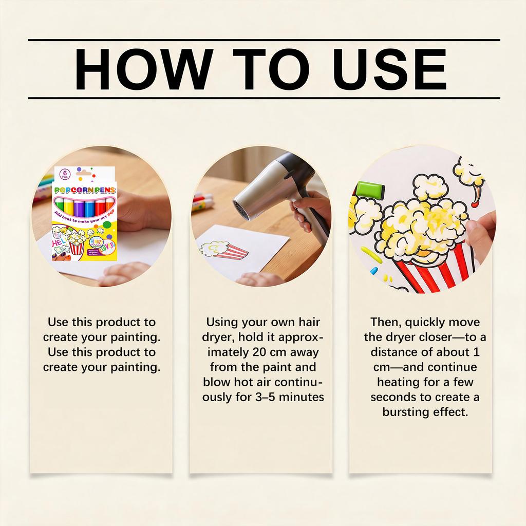 Popcorn Pens 6 Pack, 3D Puffy Bubble Pens Smooth Ink, Multi Color Creative Drawing Pens, Non Falling DIY Art Stationery for Kids