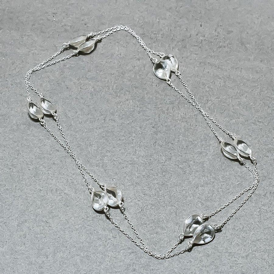 Lab Created White Topaz Necklace 36" Chain Silver Tone Pear Cut Gemstone Jewelry