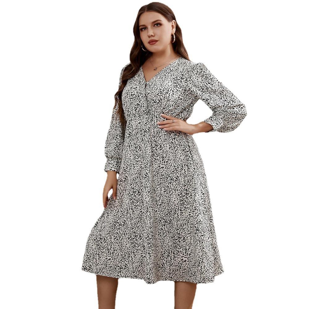 Весенне-осеннее женское платье большого размера с v-образным вырезом и длинными рукавами, тонкое платье с эластичной резинкой на талии