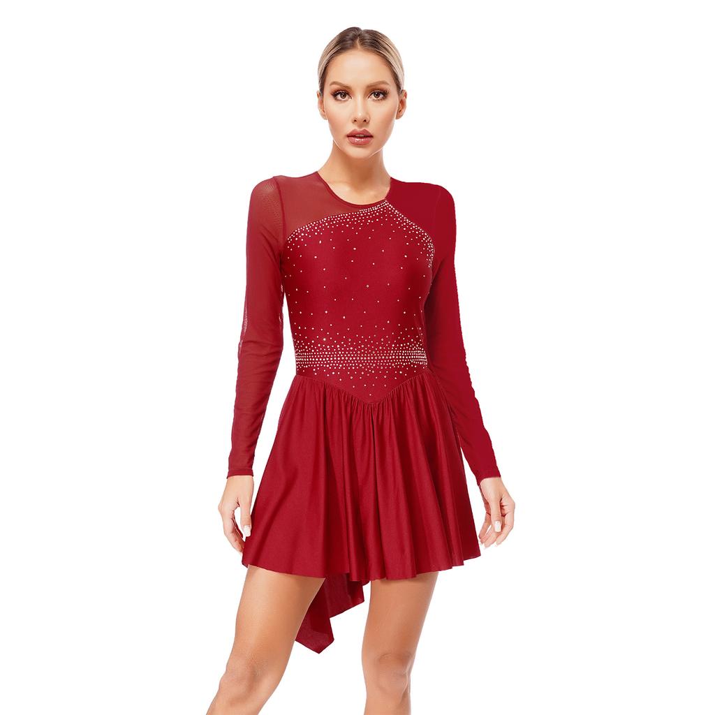 Женское платье для фигурного катания с блестящими стразами, вырезом на спине, контрастной расцветкой, прозрачной сетчатой отделкой в стиле пэчворк и длинными рукавами, для выступлений