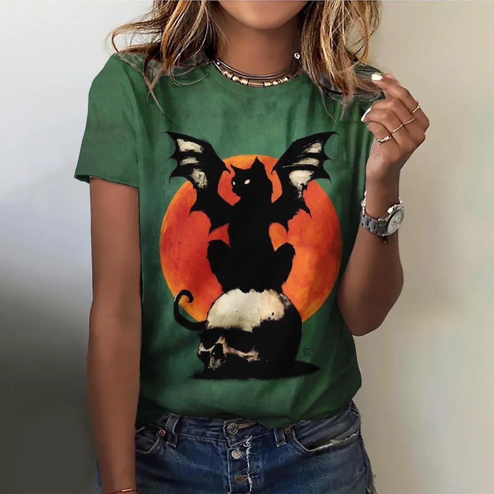 Fun and Cute Cat 3D Printed Women's Loose and Fashionable Round Neck Short Sleeved T-shirt