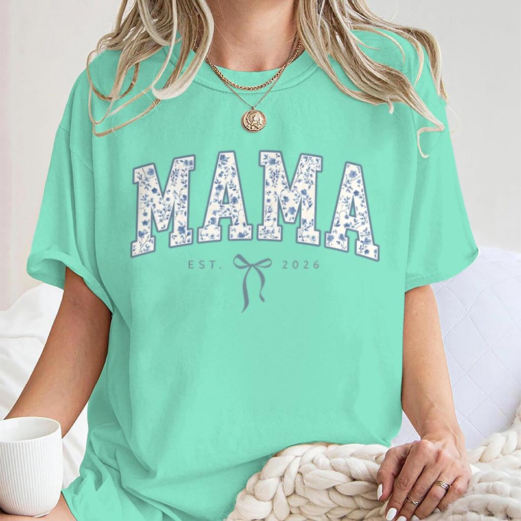 Vintage Floral MAMA EST 2026 TShirt Women Coquette Bow Print Casual Short Sleeve Tee New Fashion Mom Gift