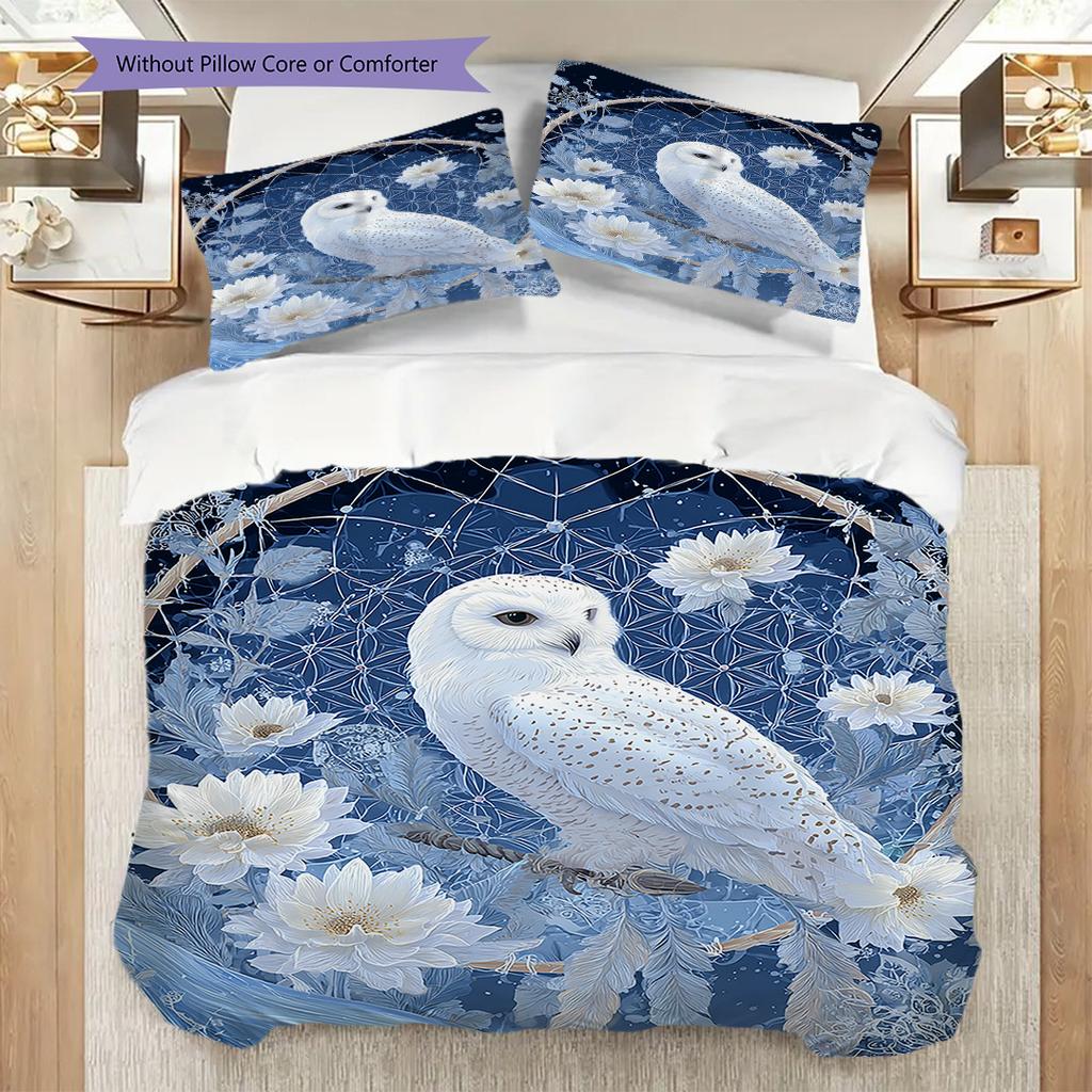 Snowy Owl Pattern Bedding Quilt Set Quilt Cover Pillowcase Home Decoration Birthday Gift (1 * duvet cover + 2 * pillowcase, without core)
