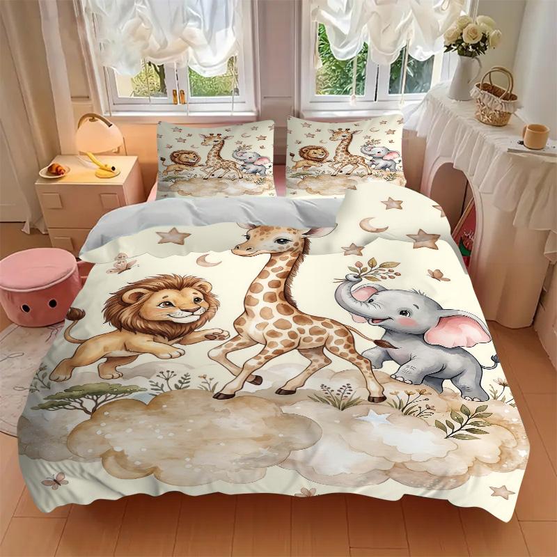 Lion Giraffe Elephant Cloudscape Print 3Pcs Bedding Setduvet Cover With 2 Bedropillowcase Home Birthday Gift