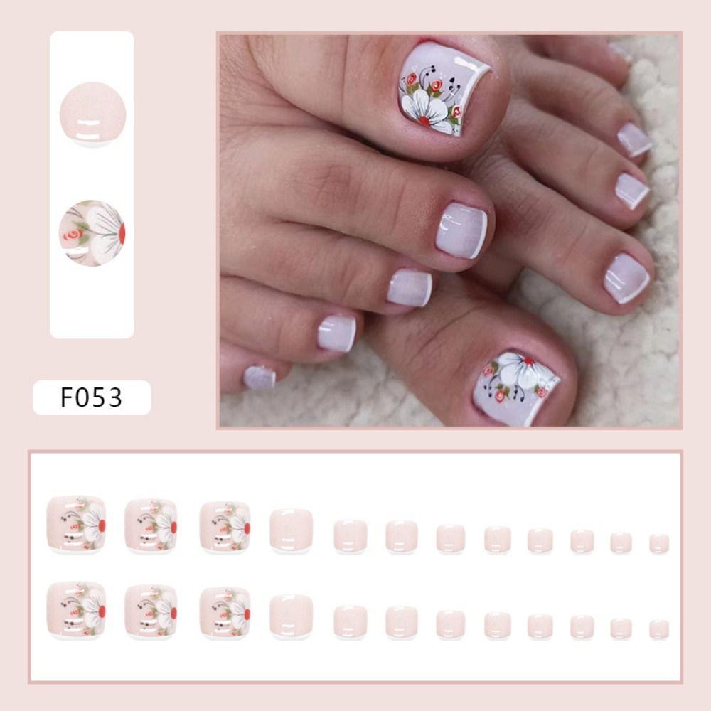 24pcs for Women Short Toe Nails Full Cover Spring Summer Flowers Fake Toenails French Gold