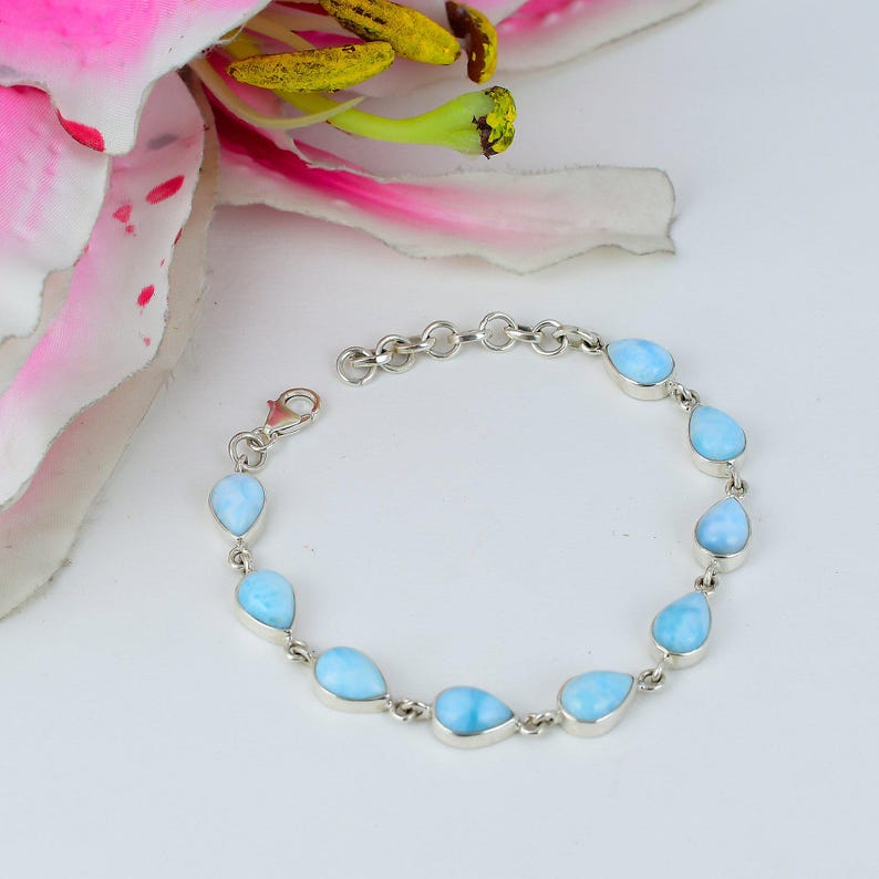 Solid 925 Sterling Silver Natural Larimar Gemstone Handmade Designer Boho Bracelet Gift For Her