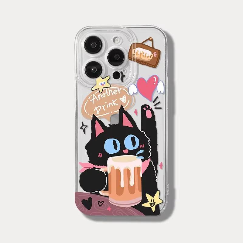 Cute Black Cat Strawberry Drink Clear Phone Case for iPhone 17 16 15 14 13 12 11 16E Series Pro Max Plus Double Layer Protection