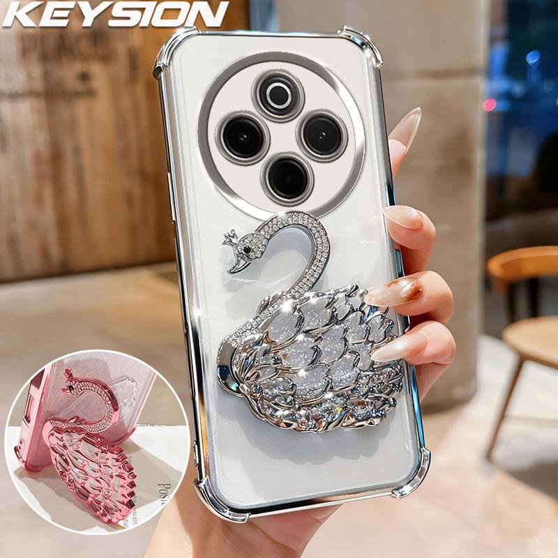 KEYSION Противоударный чехол с гальваническим покрытием для IQOO Z10 5G Прозрачный ТПУ с блестками, инкрустированный драгоценными камнями, подставка в виде лебедя, задняя крышка для VIVO IQOO Z10 5G
