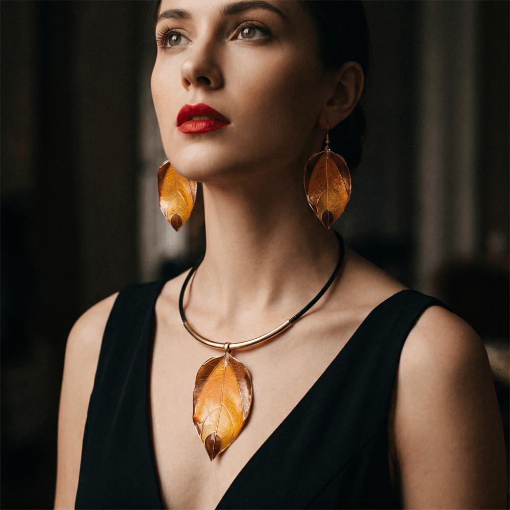 Exaggerated Design Metal Pendant Necklace Circular Tubes Leaves Shaped Jewelry set Party