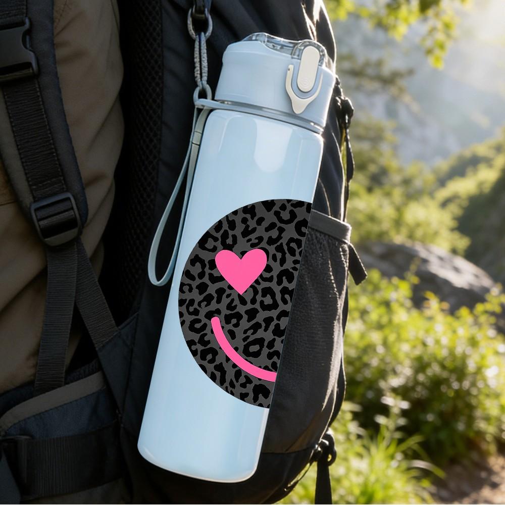 1PC Black Glitter Smiley Face Repeat Print 750ml Color Plastic Sports Water Bottle Leakproof Flip Straw Lid Suitable for Sports Office Home Use