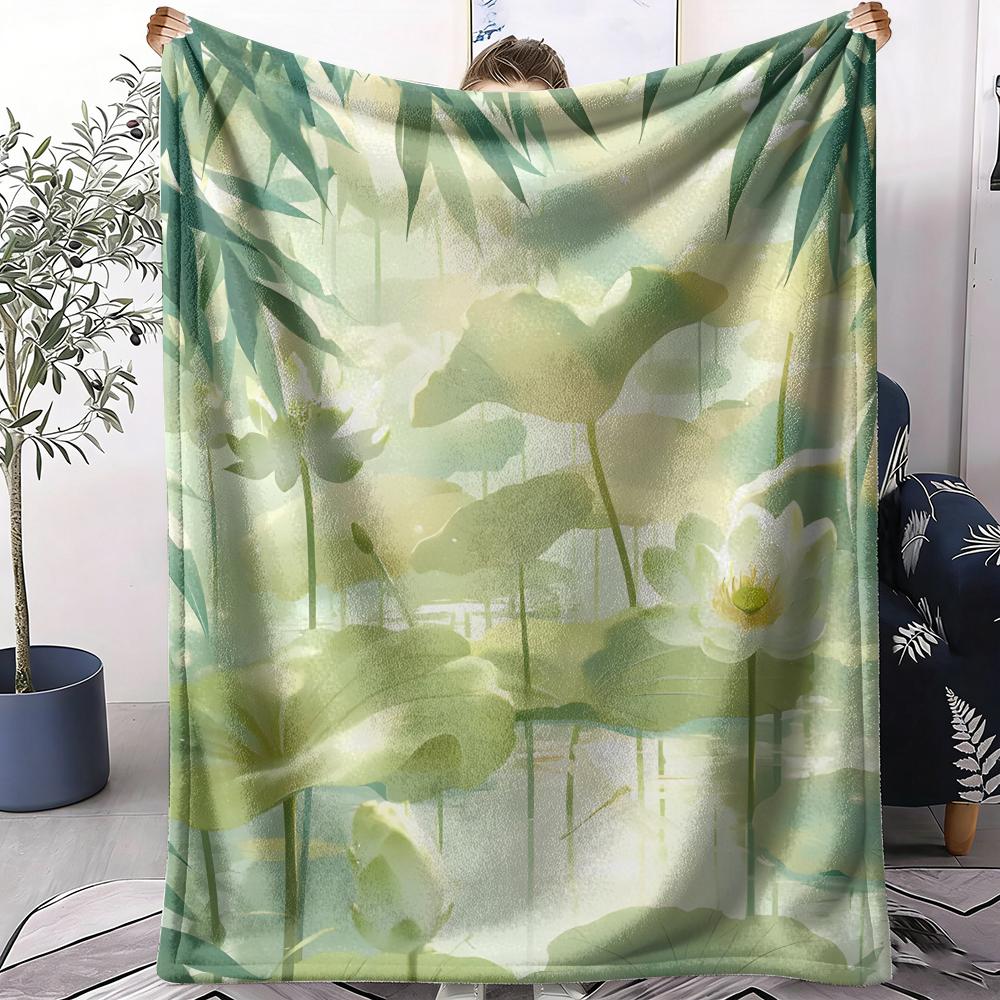 White Lotus Flower Throw Soft Flannel AC Blanket Lightweight Summer Nap Throw Cozy Blanket for Sofa Bed Travel Home