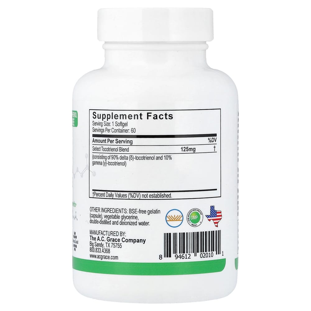 AC Grace Company Unique E Tocotrienol Tocopherol-Free Softgels, 60 Count