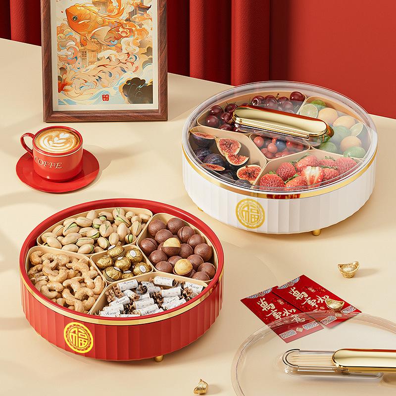 New Year'S Candy Plate Household Living Room Coffee Table Dried Fruit Storage Box Light Luxury High-End Rotating Grid Melon Seed Fruit Plate With Lid