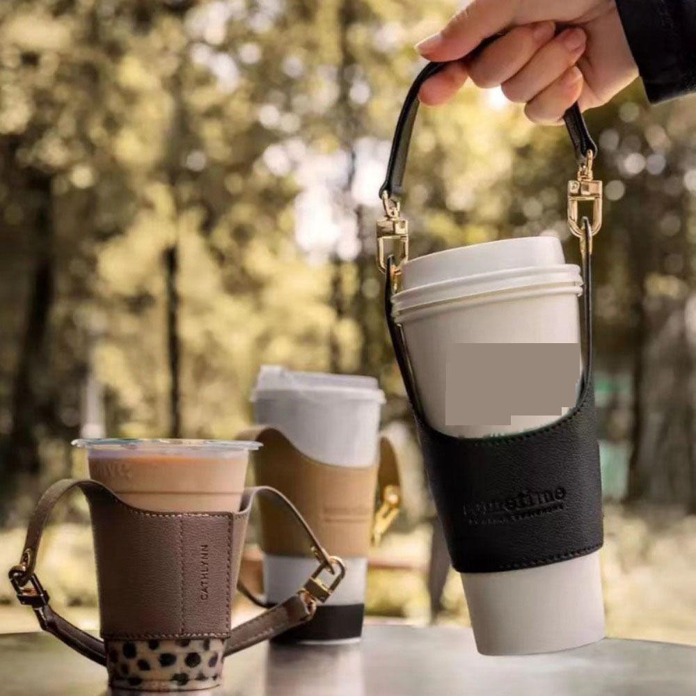 Insulated Leather Cup Holder PU Handle Cup Bag Accompanied Tumbler Carrier Pouch  Body Strap