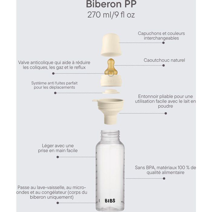 Biberon bébé - BIBS - Embout rond - Caoutchouc naturel - 270 ml - Débit moyen - Ivory - Pack de 4