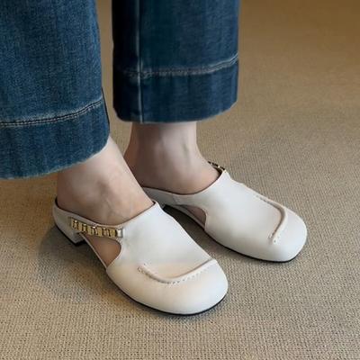 Ретро металлическая цепочка полая полу-тапочка, женская кожаная крутая обувь на плоской подошве