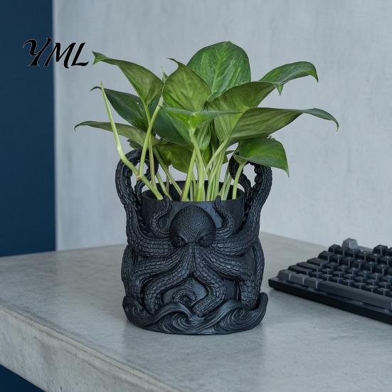 Coastal Shelf Decorations 3D Printed Octopus Planter with Tray, Unique Marine-Inspired Succulents Pot, Plant for Pot Drainage Holes, Nautical