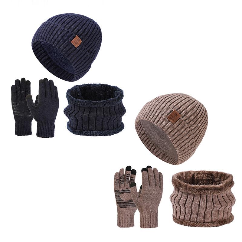 Мужская зимняя шапка, шарф, перчатки, комплект, высокая эластичная толстая двухслойная защита ушей, вязаная шапка