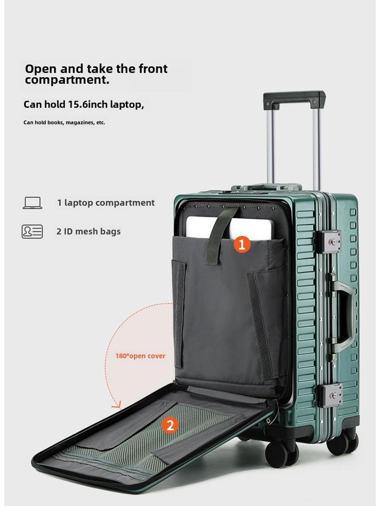 Aluminum Frame Front-Opening Multifunctional Suitcase with Password Lock