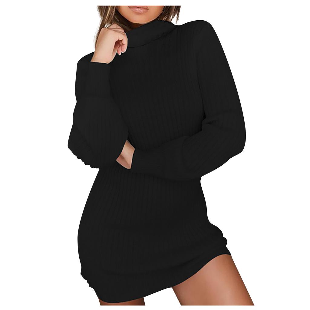 Women's Fashion Casual Knitted Long Sleeve Soild Turtleneck Sexy Slim Sweater Dress