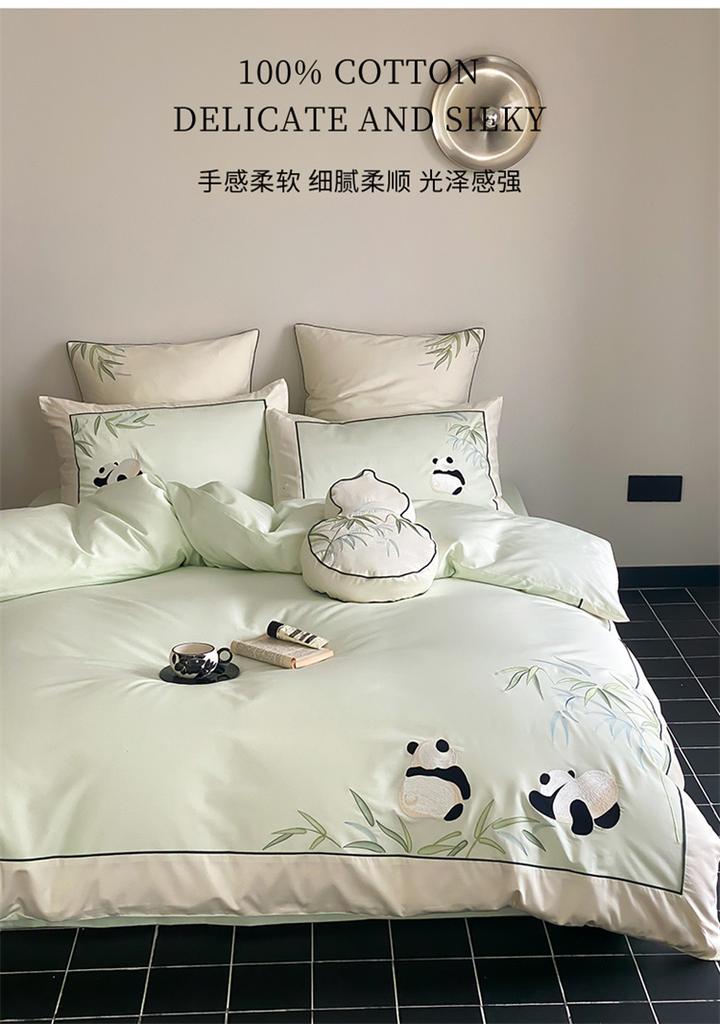 100 Cotton Premium Embroidered Four Piece Bed Set - Panda and Bamboo