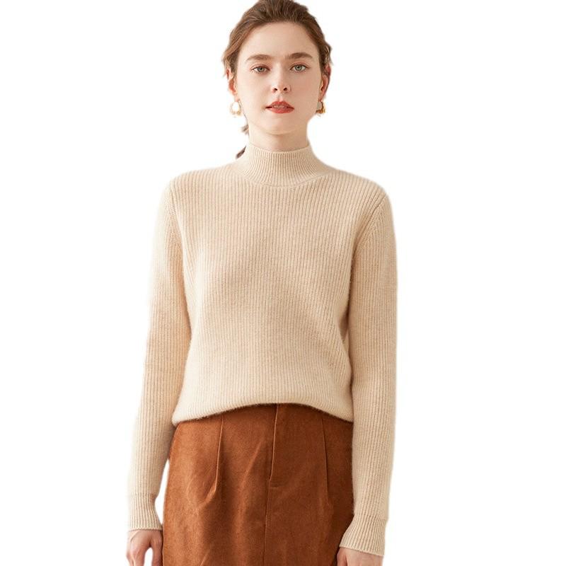 Autumn Winter Women's Cashmere Half-High Collar Loose Sweater - Solid Color Knitwear