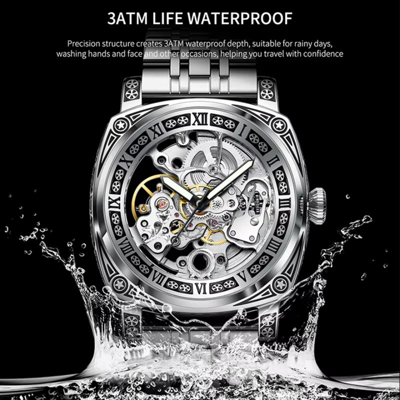 TEVISE Скелетон механические часы мужские винтажные гравированные автоматические механические наручные часы серебряный ремешок из нержавеющей стали