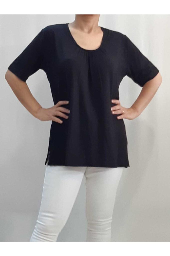 Женская стильная футболка большого размера со сборками спереди, с круглым вырезом и короткими рукавами, черная футболка из чесаного хлопка