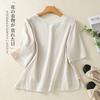 1116 simple literary round neck design sense hemp niche top women's middle sleeve loose and elegant retro T-shirt tide