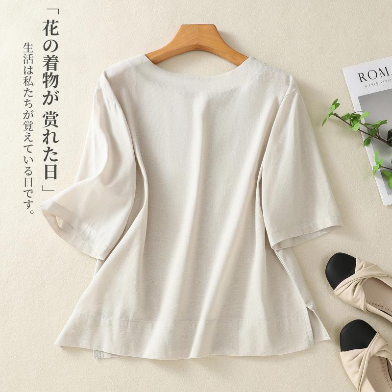 1116 simple literary round neck design sense hemp niche top women's middle sleeve loose and elegant retro T-shirt tide