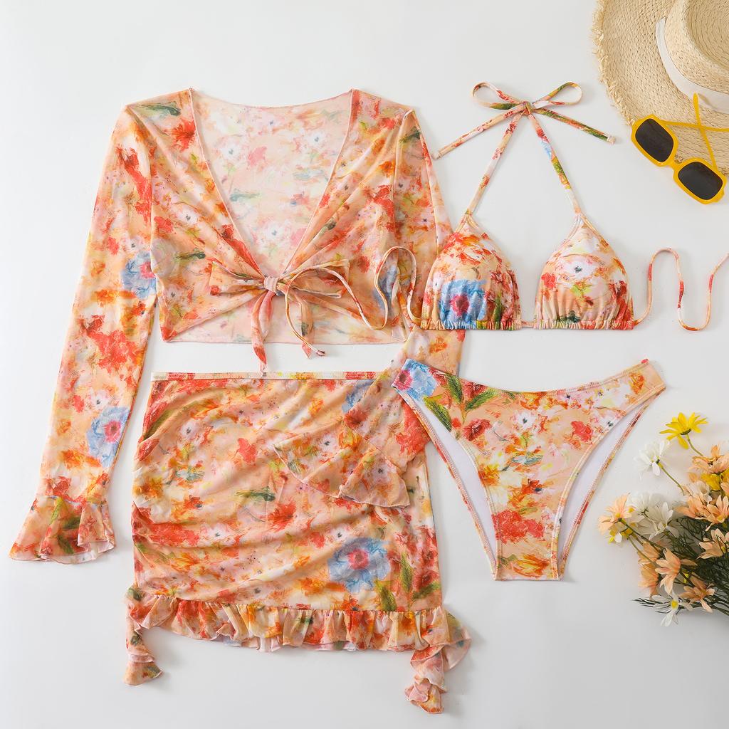 Swimsuit 1011 New European and American Fashion Printed Beach Dress Bikini Four-piece Swimsuit Women's