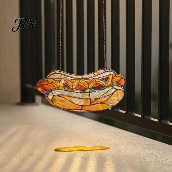 Lightweight Window Ornaments Hot Dog Stained Glass Acrylic Suncatcher, Colorful Retro Hanging Ornament with Modern Shop Soft Furnishings Metal Chain,