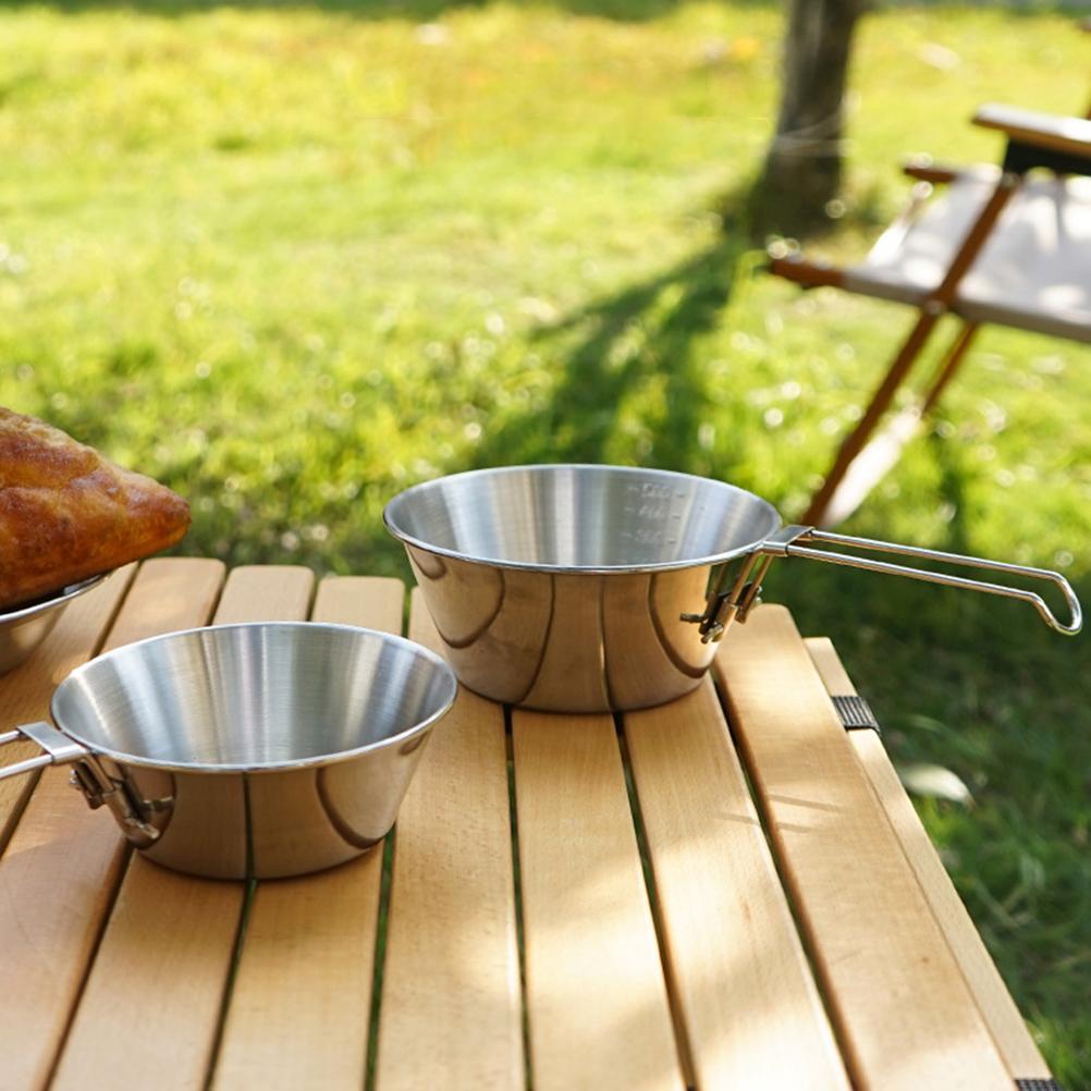Stainless Steel Camping Bowl with Folding Handle Portable Lightweight Compact Camping Cup for