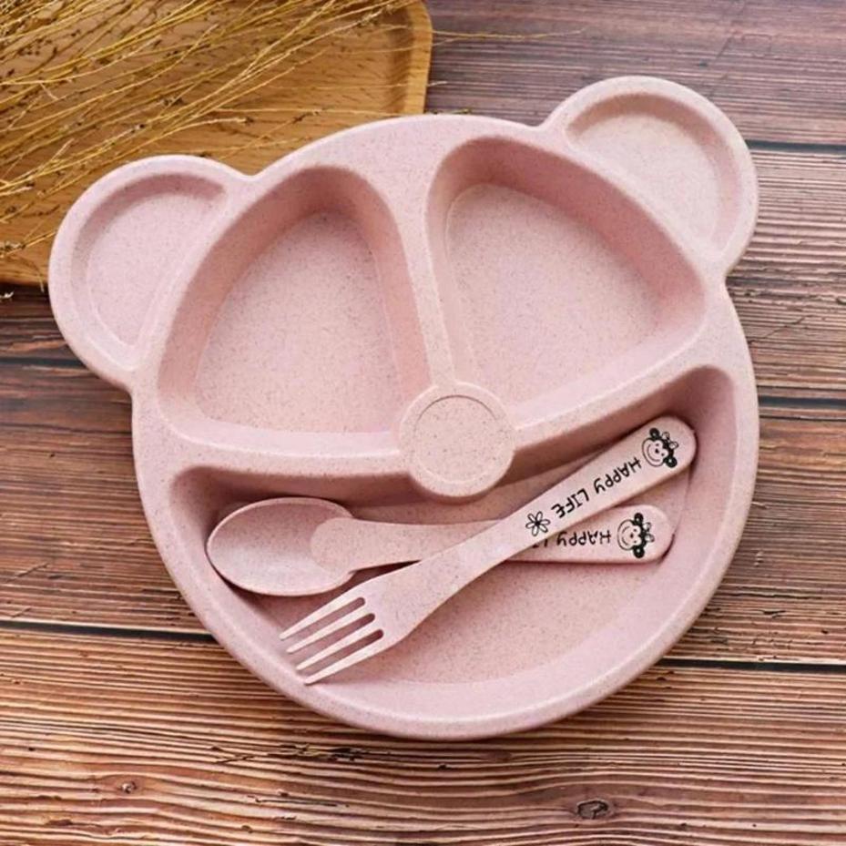 1 Pcs Baby Bowl Spoon Fork Sets Feeding Tableware Cartoon Bear Kids Plates Baby Eating Dinnerware Set Anti-Heat Training Plates