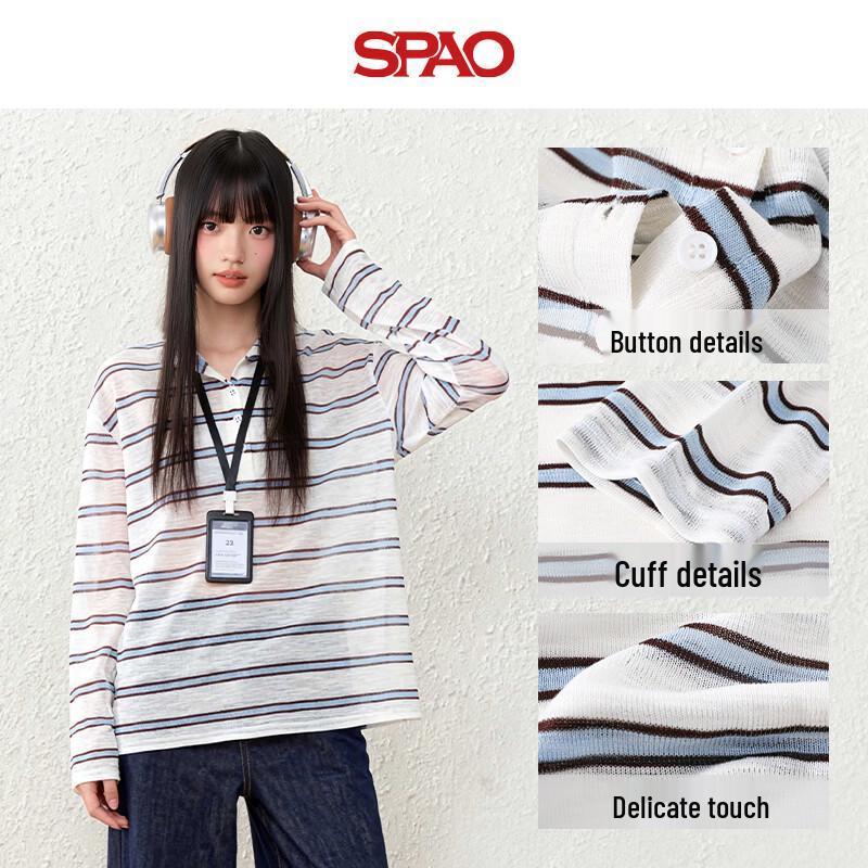 Женская футболка SPAO в полоску с длинным рукавом и воротником-хенли