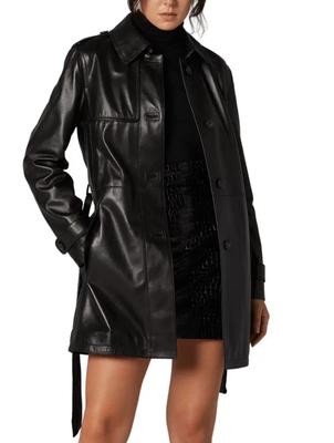 Женское кожаное пальто ручной работы из овчины, короткий тренч, черное, натуральная кожа, повседневное, стильное