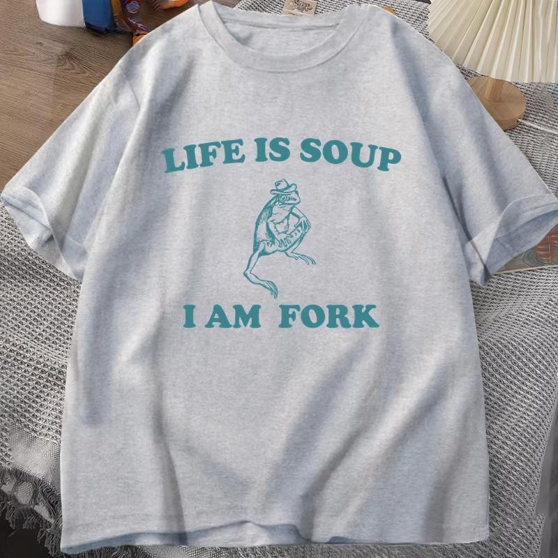 Футболка Life Is Soup I Am Fork Frog с рисунком, хлопковая унисекс, забавная ретро-футболка, летняя футболка с принтом животных, футболки с мемами о лягушках