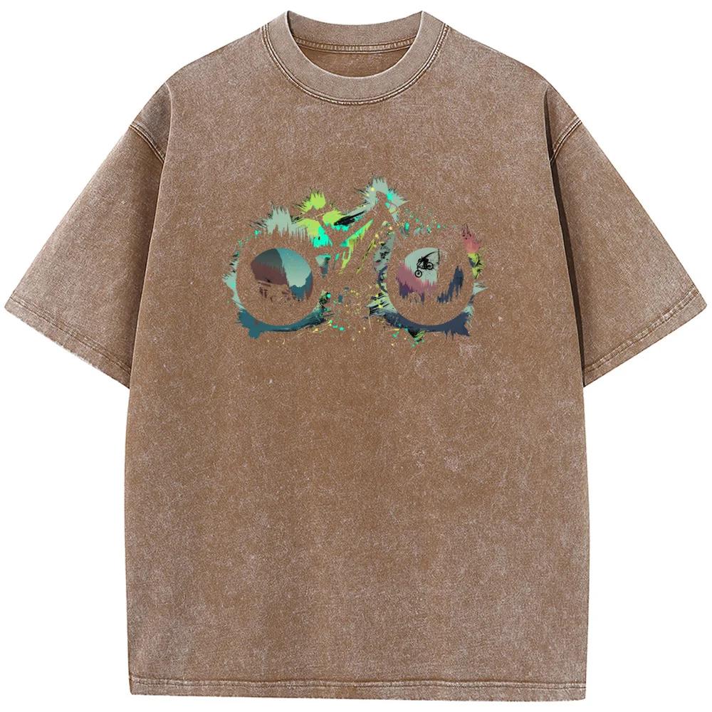 Футболка мужская с принтом велосипедов, хлопковая, с О-образным вырезом, стираная, новинка, повседневная, свободная, отбеленная футболка