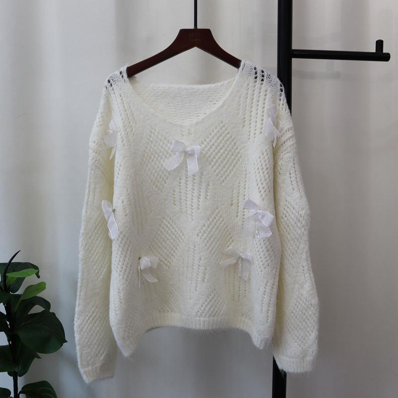 Пуловер с полым бантом, осень и зима, новый свободный дизайн, милый вязаный свитер-топ для женщин